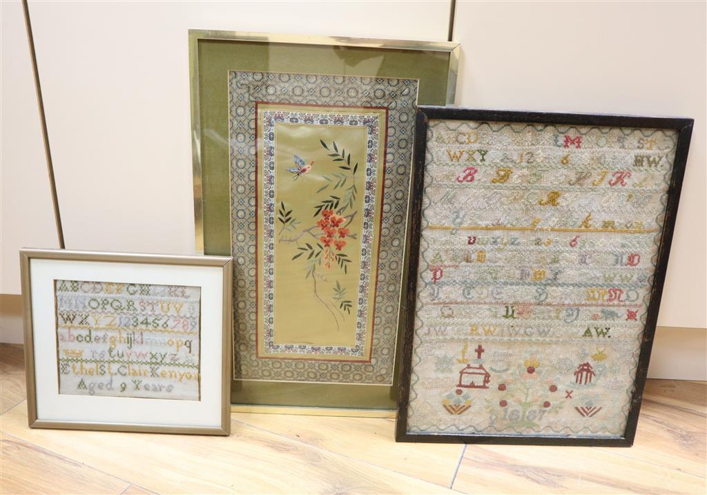 Two Victorian alphabet samplers, larger dated 1887, 44 x 32cm and a Chinese coloured silk depiction